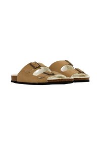 Brune nubuck sandaler med to justerbare spænder, åbent tådesign, korkfodbed og en tekstureret sort gummisål.