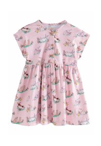 Rosa Baumwollkleid mit einem verspielten Tierdruck von Kaninchen und Blumen, kurzen Ärmeln und einer Knopfleiste. Ausgestellter Rock.