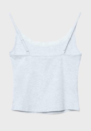 Light gray sleeveless camisole with adjustable straps and lace trim along the neckline, laid flat on a white background.