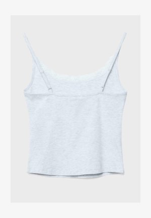 Light gray sleeveless camisole with adjustable straps and lace trim along the neckline, laid flat on a white background.