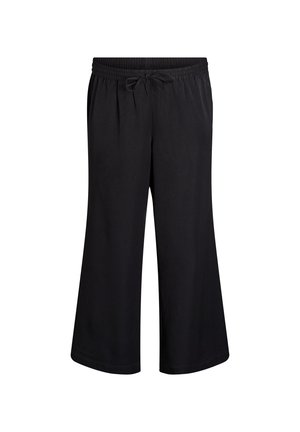 Czarne spodnie w szerokim kroju wykonane z miękkiego, lekkiego materiału. Posiadają elastyczny pas ze sznurkiem do regulacji rozmiaru.
