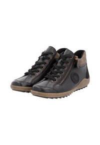 Bottines en cuir noir montantes avec un système de laçage, zip sur le côté et accents en tan. Semelle en caoutchouc texturé, détail de logo circulaire sur le côté.
