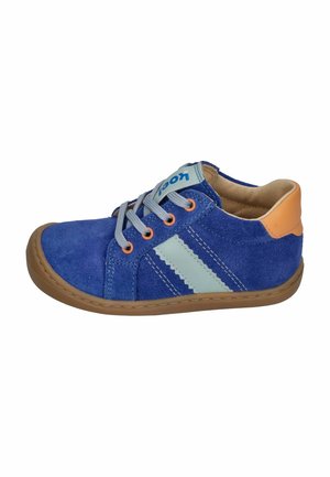 Blue suede toddler shoe with light gray laces, gray side stripes, orange eyelets, tan heel patch, and brown sole.