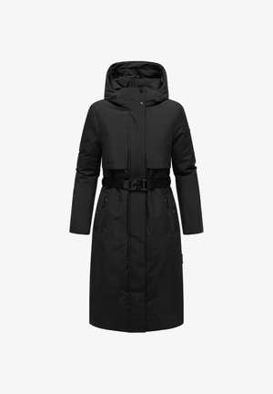 Must have kapuutsiga must pehmeda koe, vööga taljes, kahe lukuga küljetaskuga ja sirge siluetiga. Sile tekstuur ja minimalistlik disain.