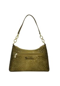 Olivgrüne, stylische Handtasche aus Kunstleder mit Krokodilprägung, einer geschwungenen Form, einer Reißverschlusstasche und goldfarbigen Hardware-Details.