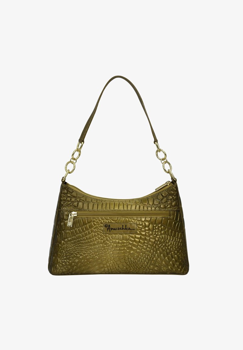 Olivgrüne, stylische Handtasche aus Kunstleder mit Krokodilprägung, einer geschwungenen Form, einer Reißverschlusstasche und goldfarbigen Hardware-Details.