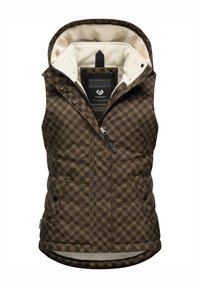 Braun gemusterte Weste mit Kapuze, die über ein gestepptes Design und eine cremige Fleece-Fütterung verfügt. Mit Reißverschluss und Druckknöpfen, seitlichen Taschen und Details.