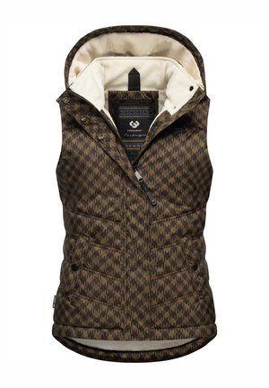 Braun gemusterte Weste mit Kapuze, die über ein gestepptes Design und eine cremige Fleece-Fütterung verfügt. Mit Reißverschluss und Druckknöpfen, seitlichen Taschen und Details.