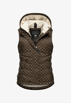 Brązowa kamizelka w wzory z kapturem, z pikowanym wzorem i kremowym futrem od wewnątrz. Zamek błyskawiczny i napy, z bocznymi kieszeniami i detalami.