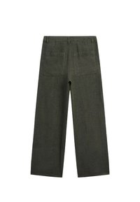 Grüne Leinen-Hosen mit weitem Bein und strukturiertem Finish, ausgestattet mit zwei Gesäßtaschen und einem normalen Bund.