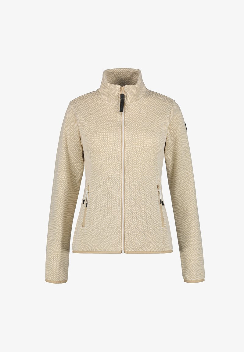Veste beige texturée zippée avec col montant et deux poches latérales à fermeture éclair, manches longues et taille ajustée.