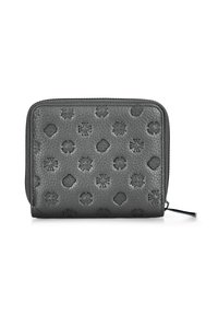 Grijze leren portemonnee met ritssluiting, voorzien van gegraveerde geometrische patronen en subtiele texturen op het oppervlak. Compacte en rechthoekige vorm.