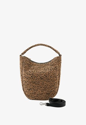 Borsa a tracolla in tessuto marrone con un motivo testurizzato a pois. Presenta un manico curvo e una tracolla nera rimovibile. Chiusura con cerniera nella parte superiore.