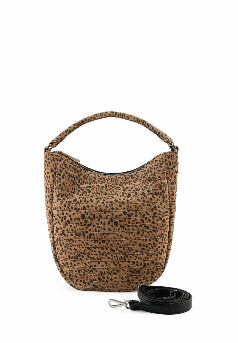 Borsa a tracolla in tessuto marrone con un motivo testurizzato a pois. Presenta un manico curvo e una tracolla nera rimovibile. Chiusura con cerniera nella parte superiore.