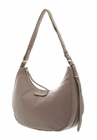 Sac hobo en cuir souple taupe, avec une silhouette courbée, une bandoulière ajustable, des accessoires en métal doré et un compartiment zippé pour la fermeture.