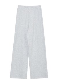 Helle graue, weit geschnittene Hosen aus weichem, strukturiertem Stoff mit einem elastischen Bund. Bietet eine lockere Passform und gerade geschnittene Beine.