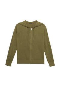 Haut à capuche zippé vert olive en tissu doux. Il présente une capuche avec cordon de serrage, des poignets et un ourlet côtelés. Texture lisse sans motifs visibles.