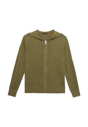 Olive green zip-up hoodie made of soft fabric. Features a drawstring hood, ribbed cuffs, and hem. Smooth texture with no visible patterns.