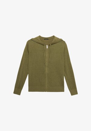 Olive green zip-up hoodie made of soft fabric. Features a drawstring hood, ribbed cuffs, and hem. Smooth texture with no visible patterns.