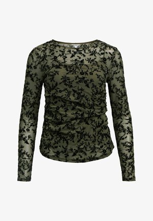 Olivgrünes Langarmoberteil aus transparentem Material, mit schwarzer Blumenstickerei und gerafftem Detail an den Seiten. Runder Halsausschnitt.