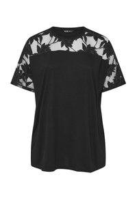 Czarna bluzka z krótkim rękawem, z koronkowym panelam kwiatowym na ramionach, o luźnym kroju i miękkim materiale. Elegancki design z detalami w postaci kwiatowych akcentów.