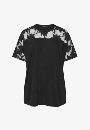 Zwart kortom mouwtop met een bloemenkant paneel op de schouders, met een ontspannen pasvorm en zachte stof. Elegante uitstraling met gedetailleerde bloem accenten.