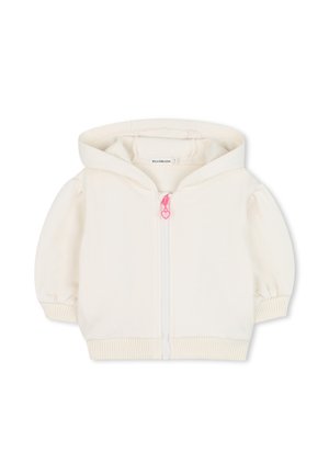 Lichtcrème hoodiejack met een witte ritssluiting en een roze hartvormige trekker, voorzien van poofy korte mouwen en geribde zoom en manchetten.