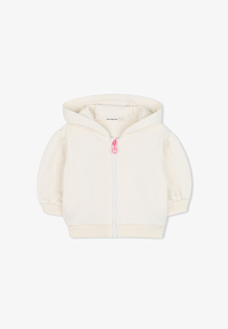 Light cream hooded jacket with a white zipper and pink heart-shaped pull, features puffed short sleeves and ribbed hem and cuffs.