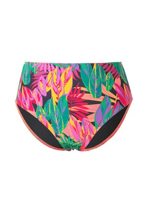 Hochtaillierter Bikini-Unterteil mit einem lebhaften tropischen Blättermuster in Pink, Grün und Gelb auf einem schwarzen Hintergrund mit korallenfarbener Ziernaht.