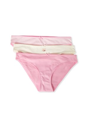 Trois culottes en coton pour filles en rose, crème avec motif ours et rose rayé, chacune avec un petit nœud décoratif sur la ceinture avant.