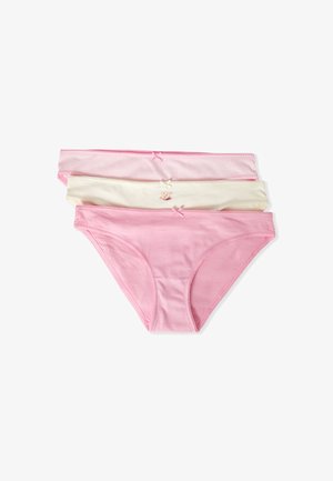 Tre mutandine di cotone per ragazze in rosa, crema con stampa orso e rosa a righe, ognuna con un piccolo fiocco decorativo sulla fascia anteriore.