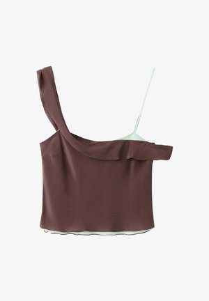 Top court marron sans manches avec une large bretelle et une fine bretelle ajustable sur fond blanc.