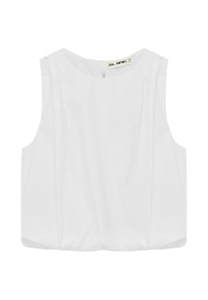 Blouse blanche sans manches avec encolure ronde et plis subtils, présentée à plat avec une étiquette de marque visible à l'intérieur du col.