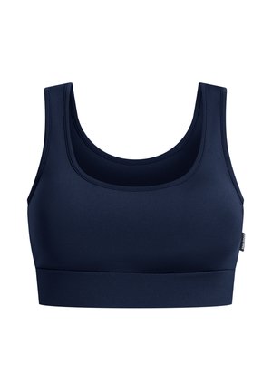 Marineblauer Sport-BH aus glattem, dehnbarem Material. Verfügt über ein breites Design mit rundem Ausschnitt und dicken Trägern. Keine Beschläge oder Muster.
