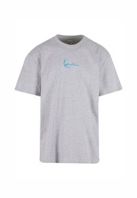Gray short-sleeve t-shirt made of cotton, featuring a blue script logo on the left chest area. Classic crew neck design.