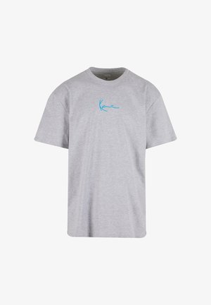 Graues Kurzarm-T-Shirt aus Baumwolle mit einem blauen Schriftzug-Logo auf der linken Brustseite. Klassisches Rundhalsdesign.