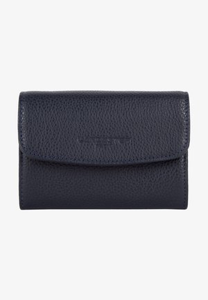 Marine leren portemonnee met een gestructureerde afwerking, magnetische flapsluiting, gestikte accenten en een reliëf logo aan de voorkant. Compact ontwerp.