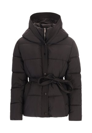 Giubbotto a vento nero con cappuccio, colletto a coste, bottoni frontali e cintura in tessuto. Il design trapuntato offre un aspetto testurizzato.