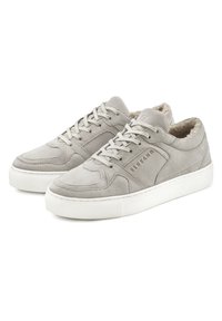Graue Wildleder-Sneaker mit weißen Gummisohlen, runden Zehen, Schnürverschluss und einer weichen Kunstfellverkleidung. Minimalistisches Design mit gestickten Akzenten.
