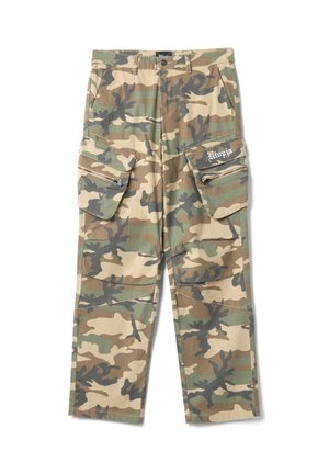 Tarnfarbene Cargo-Hosen mit seitlichen Reißverschlusstaschen und Patten, auf denen auf der rechten Tasche der Text "Utopia" steht.