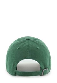 Grüner Baumwoll-Baseballcap mit gebogenem Schirm, verstellbarem Riemen auf der Rückseite und einer glatten Textur. Verfügt über einen mittigen Knopf.
