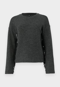 Grauer Wollpullover mit langen Ärmeln, Rundhalsausschnitt und fransigen Details an den Seiten. Weiche Textur und lässige Passform.