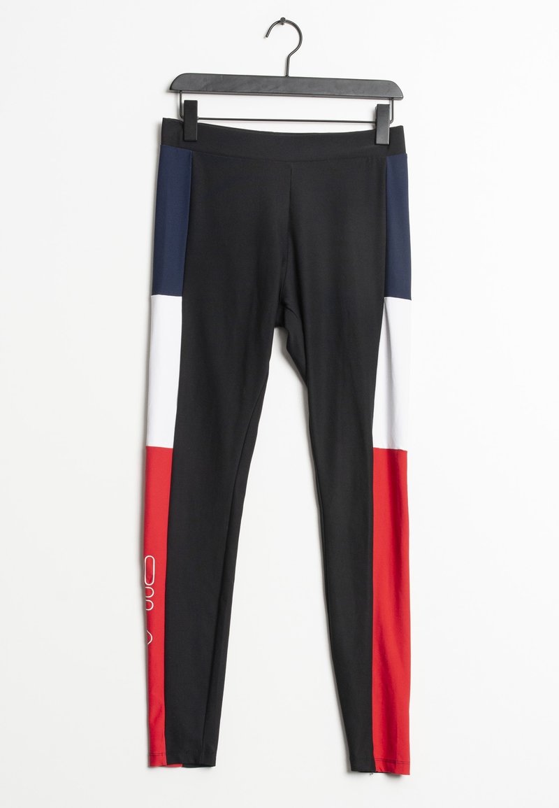 Leggings noirs avec des panneaux en coloris bleu marine, blanc et rouge. Fabriqués en tissu extensible, avec une taille large et une longueur jusqu'aux chevilles.
