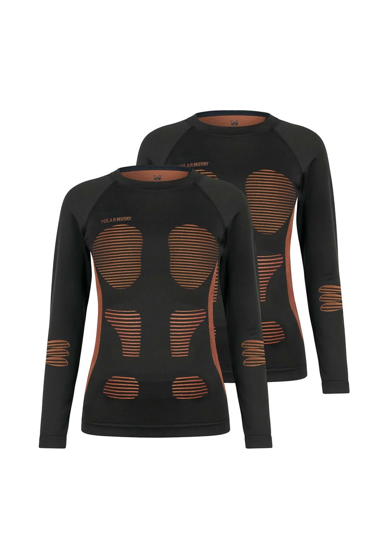 Black long-sleeve thermal tops featuring orange striped patterns along the front and shoulders, with a round neckline and fitted design.