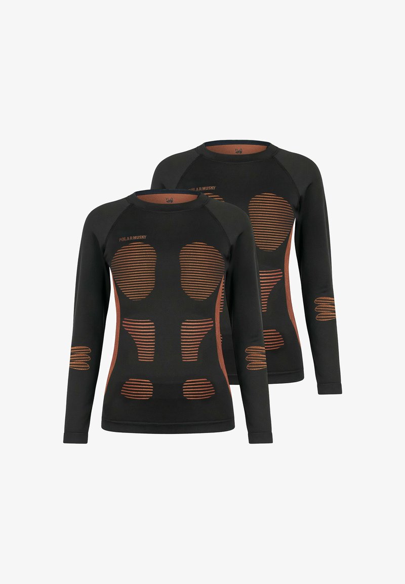 Schwarze Langarm-Thermoshirts mit orangefarbenen Streifenmustern an Vorderseite und Schultern, mit einem runden Ausschnitt und einer taillierten Passform.