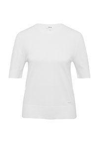 Haut en tricot à manches courtes et col rond de couleur blanche. Texture douce, coupe droite, branding subtil à l'ourlet, sans motifs ni détails matériels visibles.