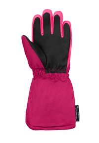 Rosafarbener und schwarzer Winterhandschuh mit einer strukturierten schwarzen Lederhandfläche, elastischem Bündchen und kontrastierender rosa Stoffrückseite für zusätzliche Wärme.