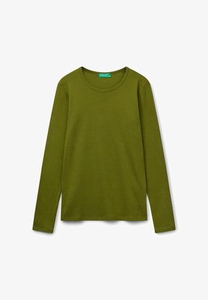 Olive green long-sleeve crewneck shirt with a small logo near the hem, laid flat on a white background.