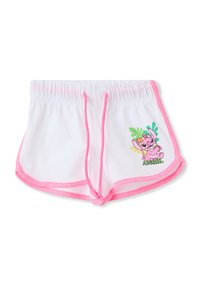 Pantaloni corti bianchi con rifiniture rosa e cordoncino. Presentano una grafica colorata di un personaggio etichettato "ANGEL" con foglie tropicali.