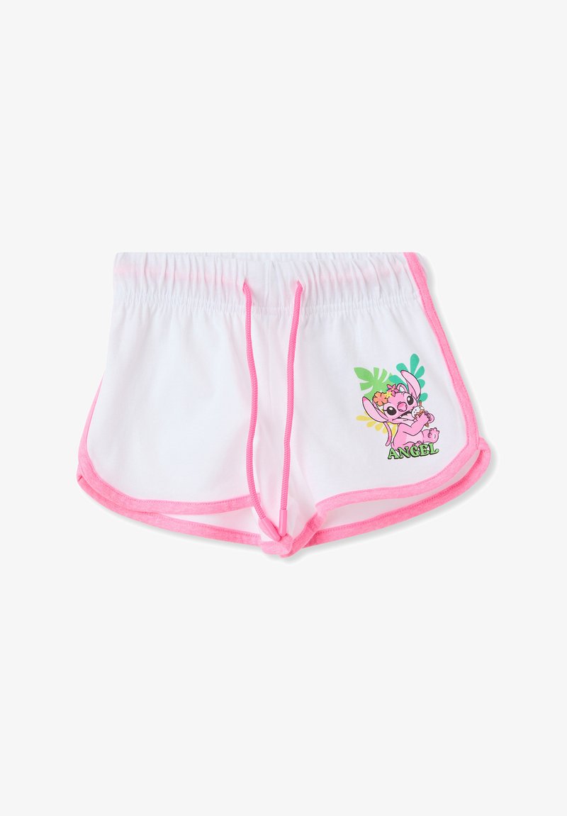 Pantaloni corti bianchi con rifiniture rosa e cordoncino. Presentano una grafica colorata di un personaggio etichettato "ANGEL" con foglie tropicali.